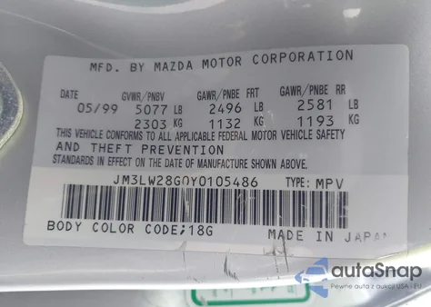 2000 Mazda Mpv Dx/Es/Lx z USA, uszkodzony, nr VIN JM3LW28G0Y0105486